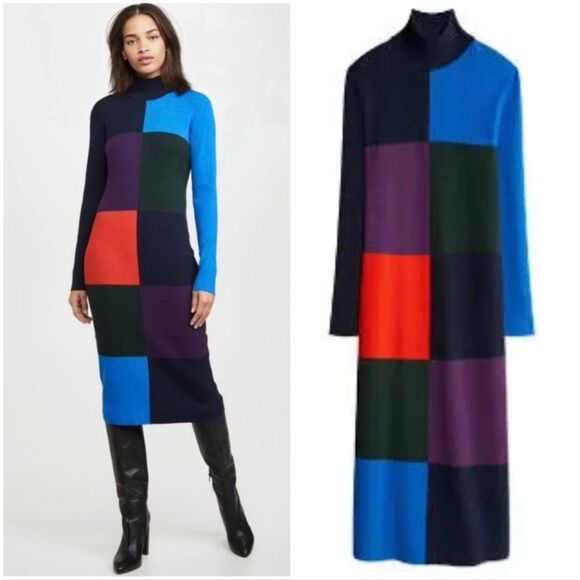 Tory Burch Sport Women’s Small Midi Dress Ribbed Colorblock Knit Multicolor - Picture 2 of 10